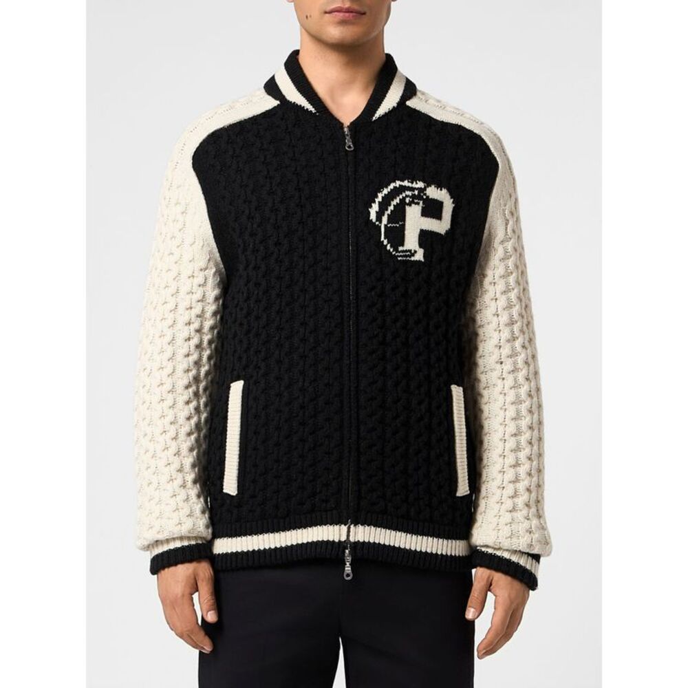 Philipp Plein Men Philipp Plein Wool Bomber Cardigan With Zip And Jacquard Logo